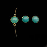 Image of blue jade bracelet and matching stud earrings on a black background.