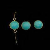 Image of turquoise sea glass bracelet and matching stud earrings on a black background.